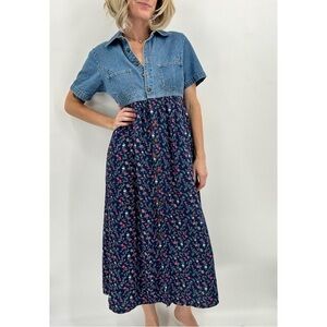 Vintage 90s Cherokee Denim Floral Long Dress Small Jean Cottage Modest Prairie
